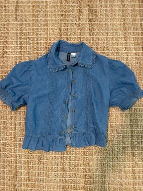 H&M- Denim Blue Ruffle Hem Button-Up Top